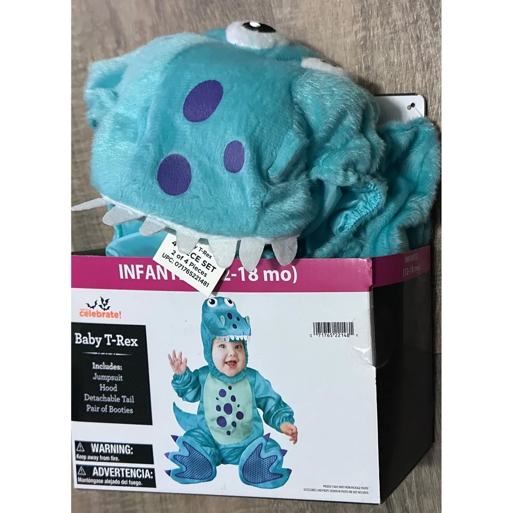 Baby T-Rex Halloween Costume Teal Dinosaur 12-18 Months 4 Piece Set NWT